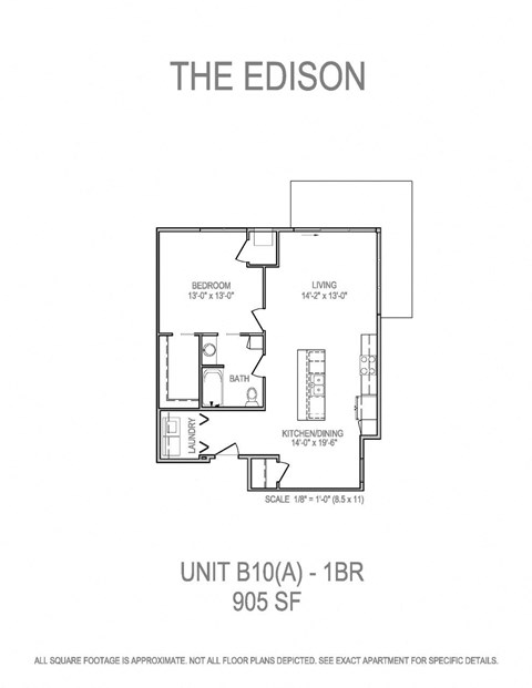 Floor plan for 1 bed, 1 bath, 905 sqft
